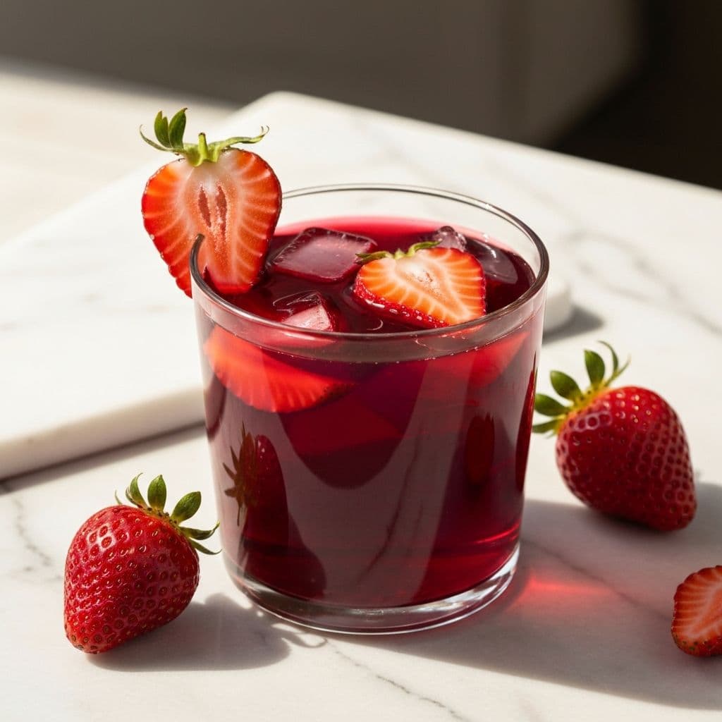 Glass of deep ruby strawberry hibiscus cold brew