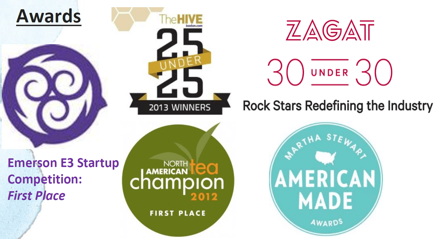 Evy Chen Awards: North American Tea Championship, Zagat 30 Under 30, Boston Globe 25 Under 25, Martha Stewart American Made
